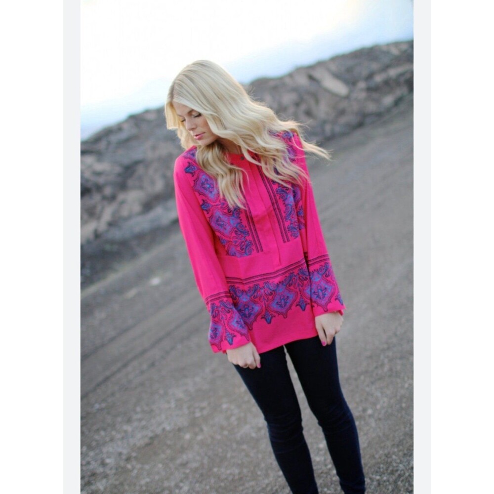 J. Crew Hot Pink Tunic with Blue Paisley Print
